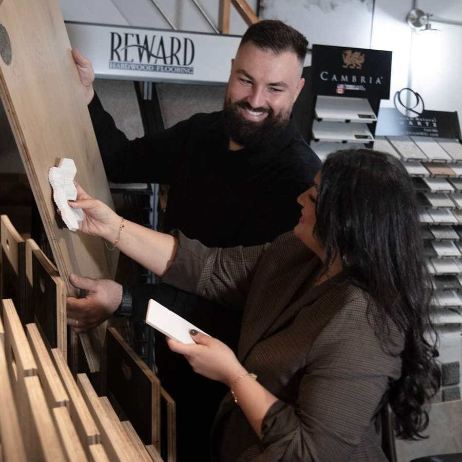 AZ Builder Solutions Phoenix showroom with hardwood and stone samples